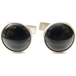 Classic Round Pioneer Black & Silver-Tone Cufflinks Tux Shirt Dress Suit Vintage
